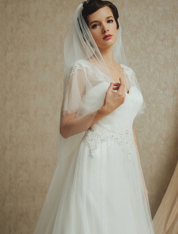 Ivory Wedding Dress with V-Neck Sequined Lace ( Veil & Accessories are ...