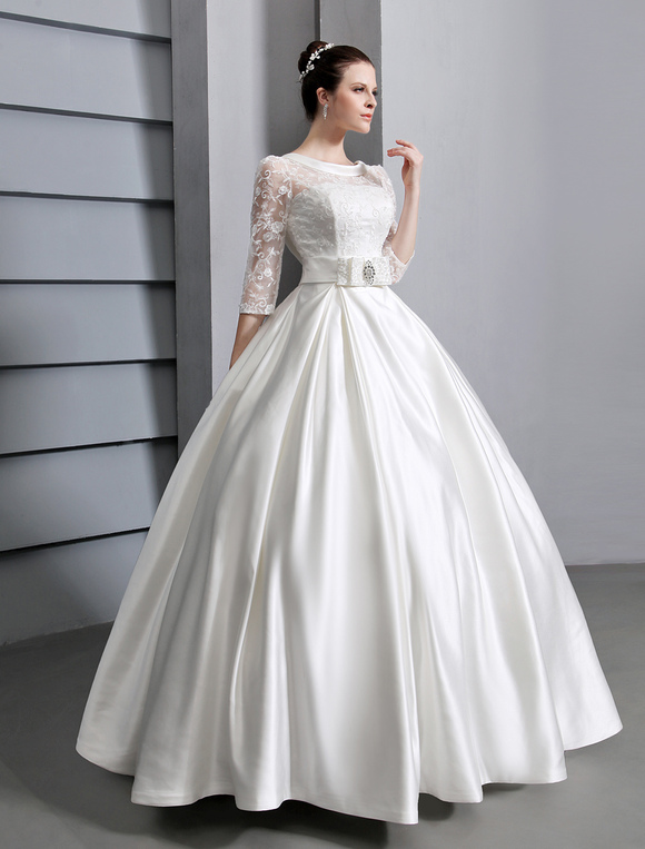 Beautiful Ivory A-line Jewel Neck Lace Sash Satin Bridal Wedding Dress ...