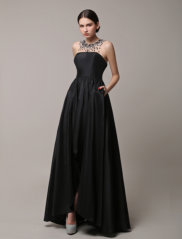 Black Prom Dresses 2021 Long Wedding Dress High Low Beading Illusion ...