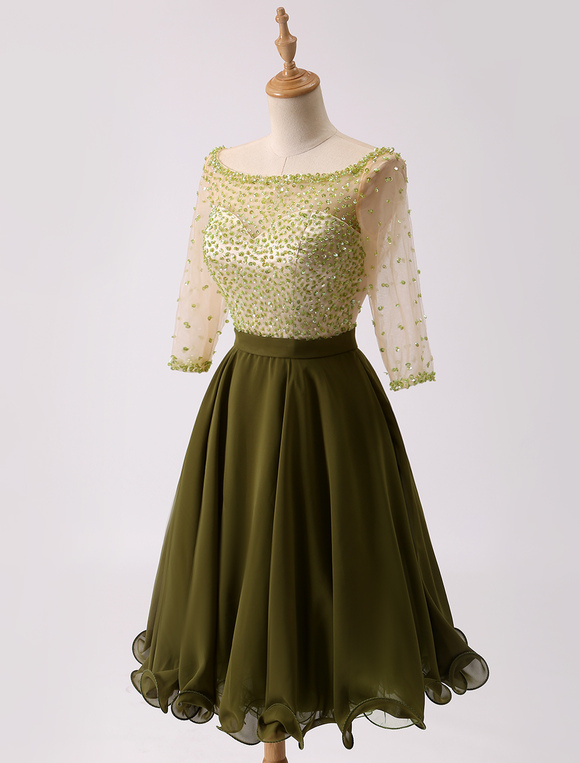 short chiffon dress with beaded illusion neckline