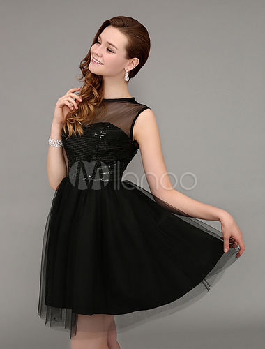 Short Sequined Illusion Neck Little Black Dress With Keyhole Back ...
