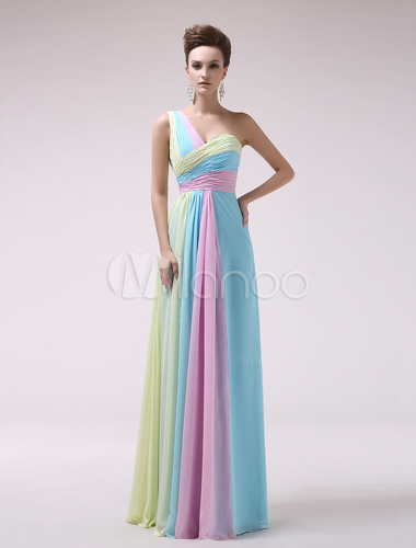 Multicolor Strapless One-Shoulder Chiffon Evening Dress Milanoo ...