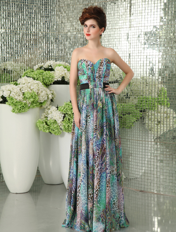 Elegant Blue Printed Strapless Sash Component Prom Dress Milanoo ...