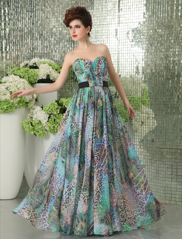 Elegant Blue Printed Strapless Sash Component Prom Dress Milanoo ...