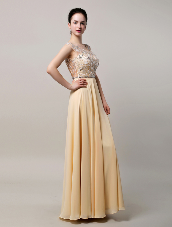 Champange Floor Length Chiffon Prom Dress with illusion Neckline and ...