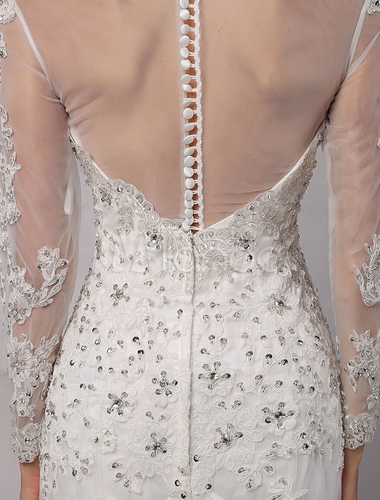 Lace Illusion Neckline Long-sleeves Knee-length Sheath Wedding Dress ...