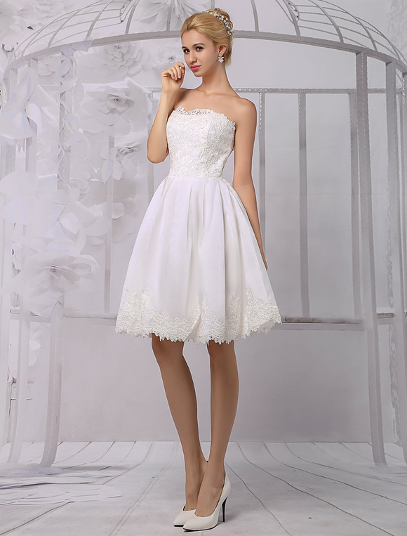 Knee Length Satin and Lace Wedding Dress With Lace Long Sleeve Wrap ...
