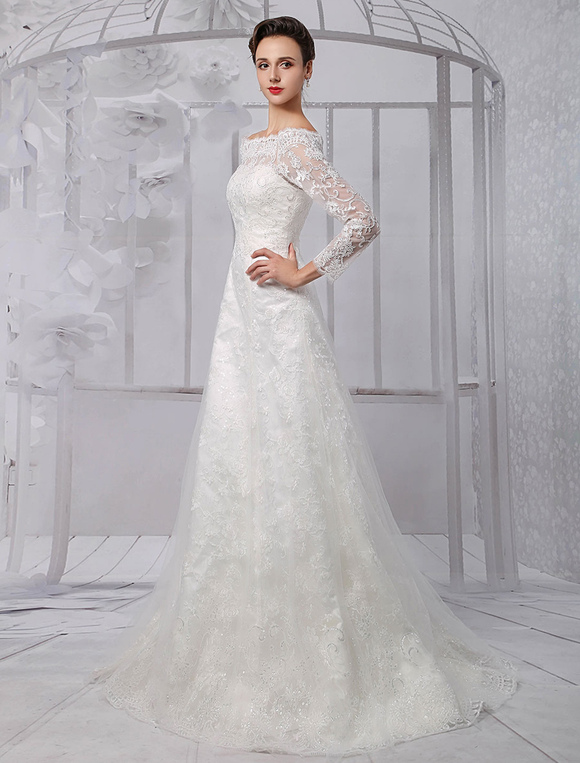 Boda Vestidos de novia | Vestido de novia de encaje con escote de hombros caídos y cuentas Milanoo - JR94418