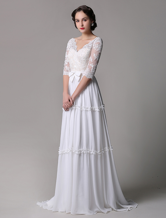  Boho  Wedding  Dress  Vintage A Line Lace Chiffon Half 