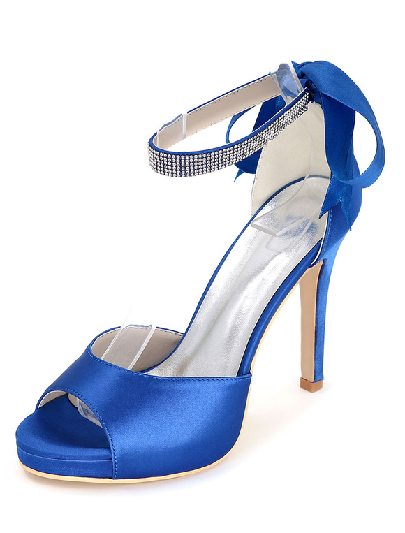 Zapatos de Fiesta | Zapatos de novia de satén Zapatos de Fiesta de tacón de stiletto Zapatos azulZapatos de boda de puntera abierta 11cm con cinta 1.5cm - MY40914