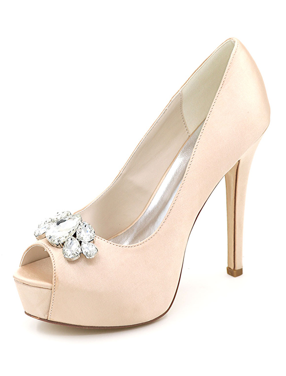 Silver Wedding Shoes Platform Peep Toe Rhinestone Slip On High Heel ...