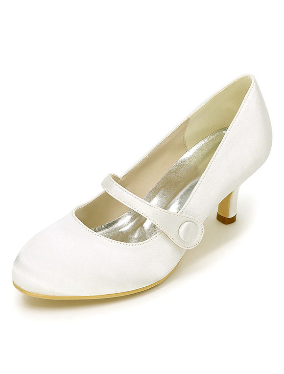 Zapatos de Fiesta | Zapatos de novia de satén 6cm Zapatos de Fiesta Zapatos Marfil    de tacón de kitten Zapatos de boda de puntera redonda con botones - OU08960