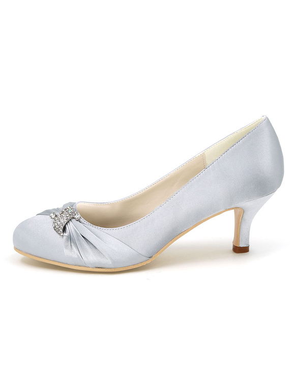 Silver Wedding Shoes Kitten Heel Pleated Rhinestone Slip-on Bridal ...