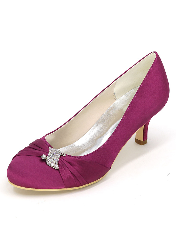 Silver Wedding Shoes Kitten Heel Pleated Rhinestone Slip-on Bridal ...