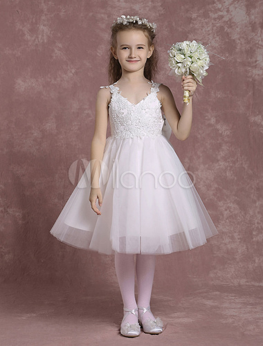 Tulle Flower Girl Dresses V Neck A Line Pageant Dresses Toddler's Lace ...