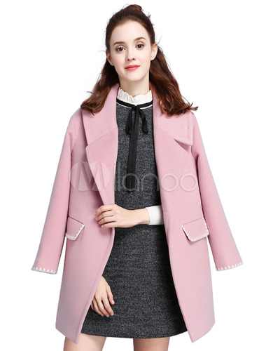 Pink Winter Coat Women's Turndown Collar Long Sleeve Slim Fit Outerwear ...