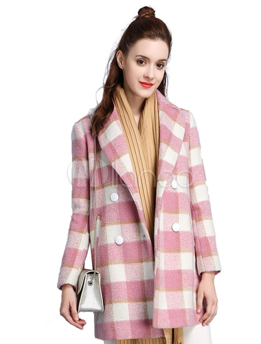 Pink Pea Coat Women's Plaid Turndown Collar Long Sleeve Double Breasted ...
