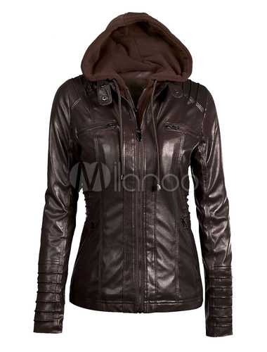 jaqueta casual zíper feminina pu couro com capuz