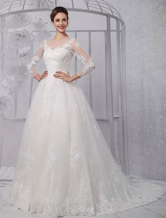 Boda Vestidos de novia | Vestido de novia de encaje de marfil Escote transparente con cola Milanoo - DM05625