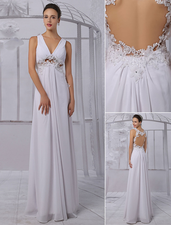 Wedding & Events Wedding Dresses | Empire Wedding Dress Pleated Chiffon V-Neckline A-Line Illusion Back Keyhole Bridal Dress - C