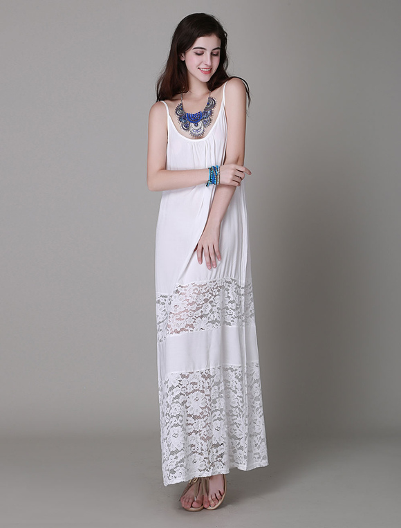 White Beach Maxi Dress With Lace Trim - Milanoo.com