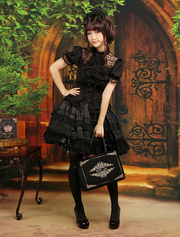 Gothic Black Bow Ruffles Jacquard Chiffon Lolita Skirts - Milanoo.com