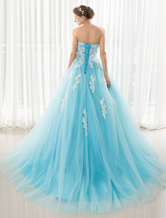 Blue Wedding Dress Lace Applique Tulle Court Train Strapless Sweetheart ...
