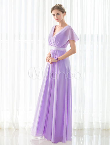 Bridesmaid Dress Lilac Chiffon Maxi V-neck Short Sleeves Satin Sash ...