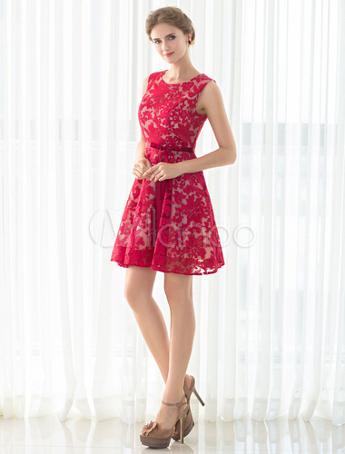 Lace Cocktail Dress Red Short Prom Dress A-line Sleeveless Homecoming ...