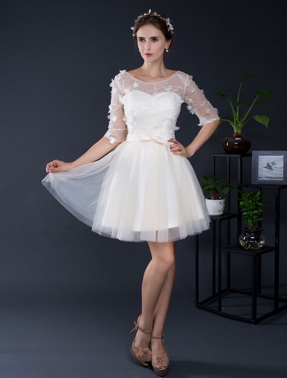 Boda Vestidos de novia | Vestido corto tul Off-the-hombro medio mangas Mini vestido de novia ilusión-Vestido fiesta vestido de novia encaje - ZR65775