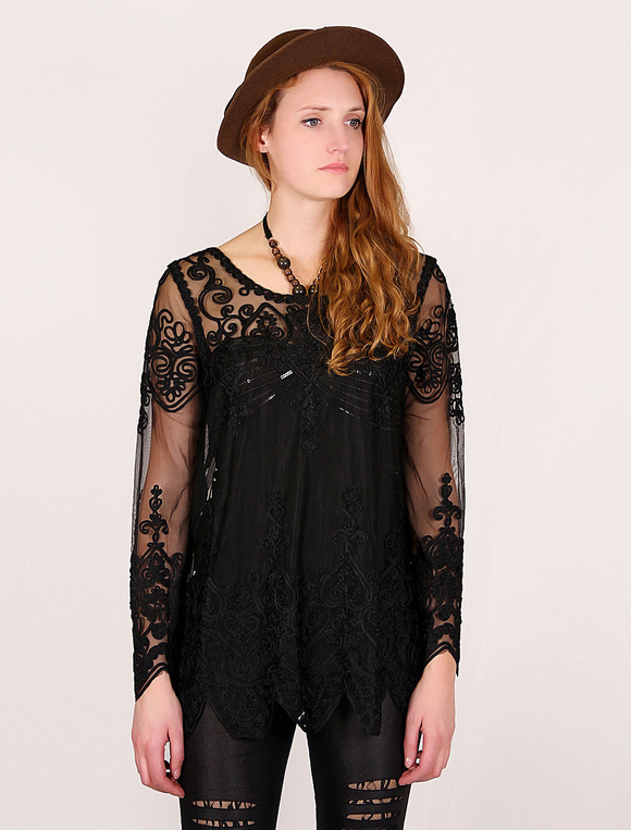 Black Women's Sheer Long Top With Lace - boutique.milanoo