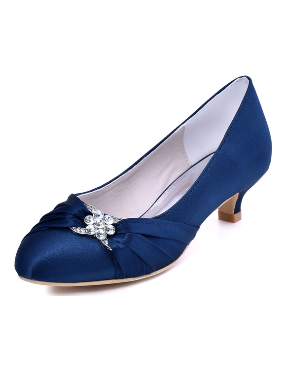 Zapatos de Fiesta | Zapatos de novia de seda sintética Zapatos de Fiesta de tacón de kitten Zapatos azul oscuroZapatos de boda de puntera redonda 4cm con cristal - XA64253