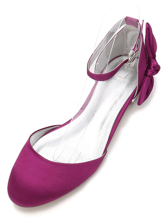 Zapatos de Fiesta | Zapatos de novia de seda y satén 1.5cm Zapatos de Fiesta Zapatos Morado Plana Zapatos de boda de puntera redonda con lazo - MV08968