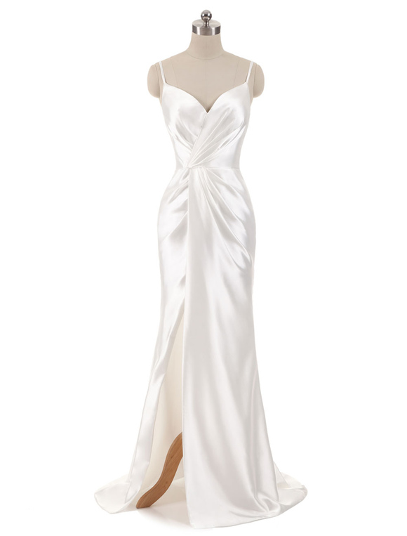 Mariage Robes de mariée | Robe de mariée à la plage blanche sirène en satin stretch col V plissée avec soutien-gorge à fines bretelles - IL96409