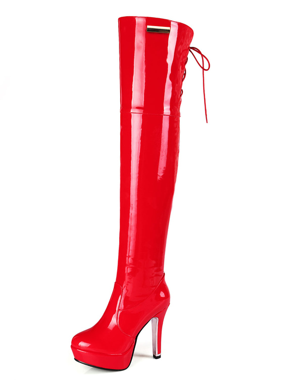 Over The Knee Boots Womens Patent Bright Leather Lace Up Round Toe ...