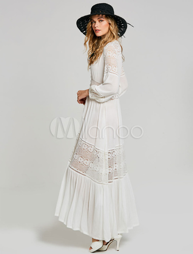 Vestito Bohemia lungo bohemien bianco Cotone misto con scollo a V maniche  lunghe monocolore pizzo con bottoni sul davanti - Milanoo.com