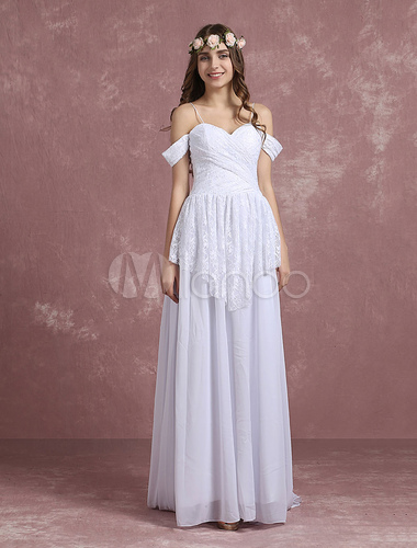Summer Wedding  Dresses  2019 Boho White Lace Chiffon Bridal  