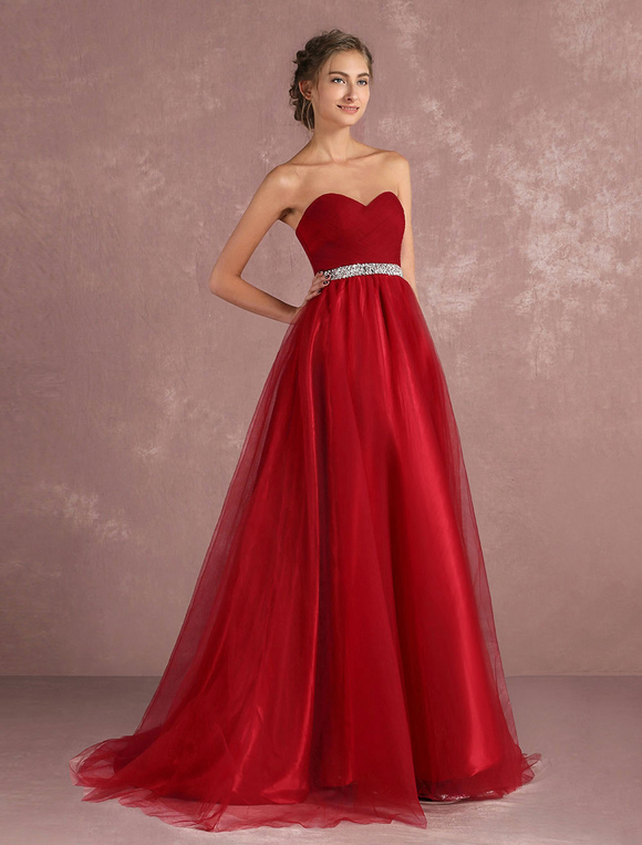 Red Prom Dresses 2021 Long Strapless Backless Tulle Evening Dress ...