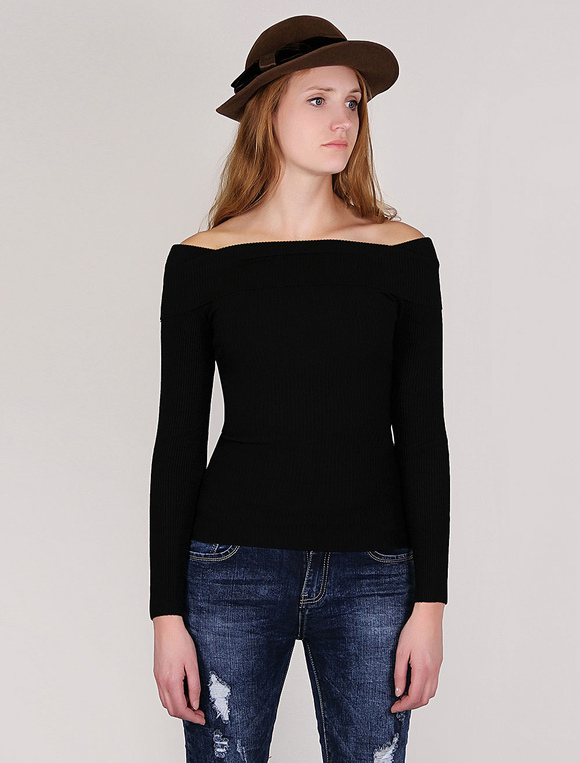 Women Black Sweater Off The Shoulder Top Long Sleeve Elastic Pullover ...