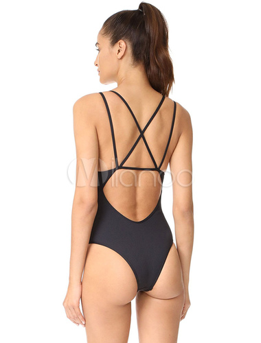 Attrayant maillot de bain piece de plage en nylon noir avec lacet unicolore à dos décolleté