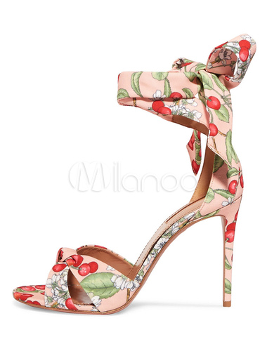 High Heel Sandals Plus Size Flesh Open Toe Cherry Printed Ankle Strap ...