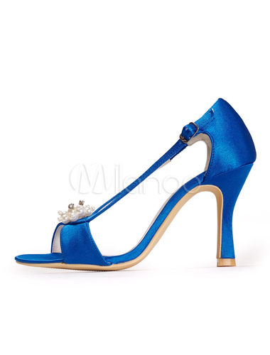 Royal Blue Wedding Shoes High Heel Satin Open Toe Pearls Wedding Guest ...