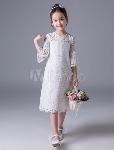 Boho Flower Girl Dresses Summer Ivory Lace Bell Sleeve Tea Length Kids ...