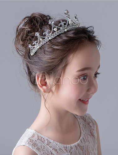 Flower Girl Tiara Crown Silver Kids Hair Accessories Rhinestone Beaded  Little Girl Hair Pieces 