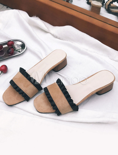 Zapatillas sandalia negras Zapatillas sandalia de tacón grueso sin respaldo  con volantes y punta abierta para mujer - Milanoo.com