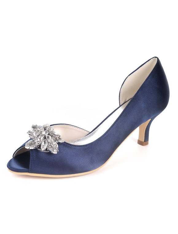 Satin Wedding Shoes Ink Blue Peep Toe Rhinestones Mother Shoes Kitten ...