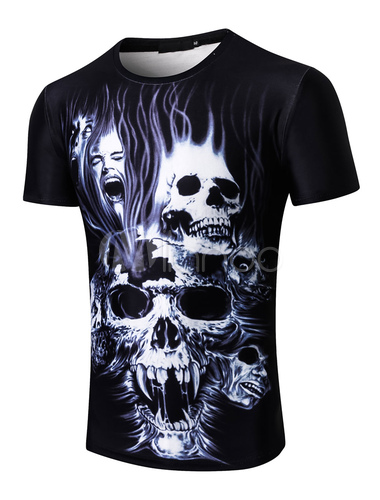 Men T Shirt Black Skull Print Regular Fit Short Sleeve T Shirt Punk ...