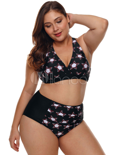 Costume da bagno taglie forti da donna con scollo a V nero stampato ... Costume da bagno taglie forti da donna con scollo a V nero stampato ...