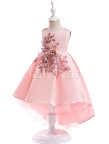 Flower Girl Dresses Pink A Line High Low Applique Asymmetrical Girls ...