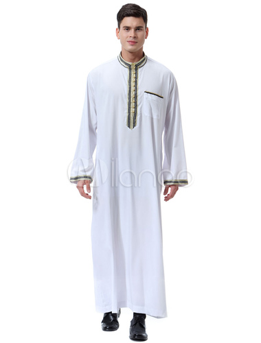 Hombres árabes del traje de mangas del cuello apliques volantes de manga  larga Ecru blanco árabe Abaya - Milanoo.com